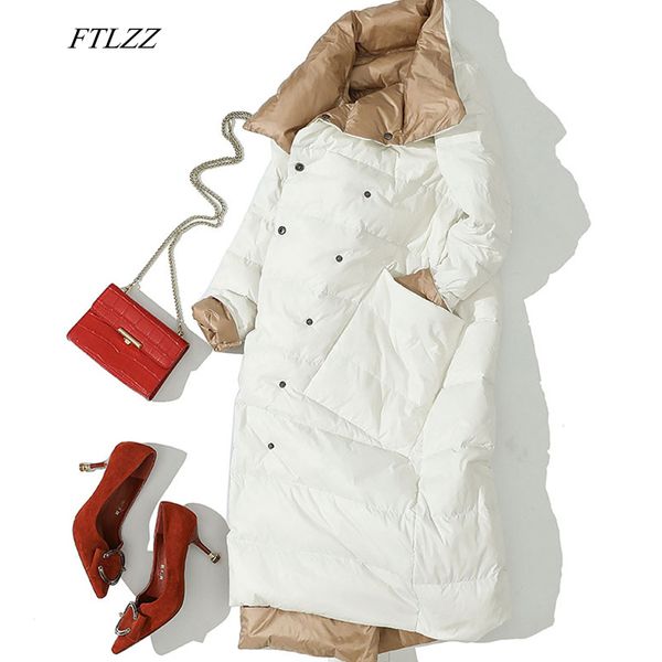 FTLZZ Women Double Side Long Jacket Winter Ultra Light White Duck Down Parka Breasted Plus Size 3xl Outwear femminile 201125