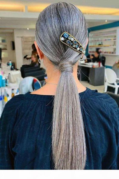 

16inch human hair extensions ponytail #grey clip in ponytail hair piece wrap around gray ponytail hair extensions 120g, Black