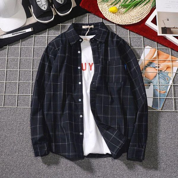 

men's fashion korean plaid shirt 2020 autumn long sleeve shirt male button down casual hip hop loose check1, White;black
