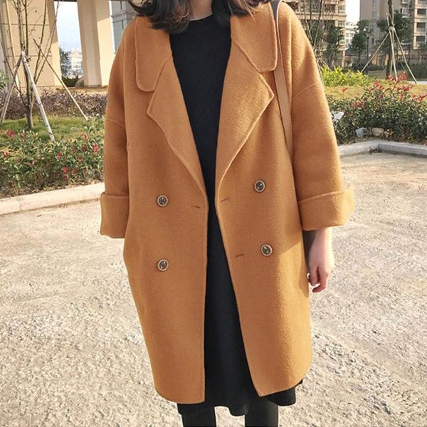 

women's wool & blends womens autumn winter lapel cassic simple coat trench long sleeve female robe outerwear overcoat outwear warm oran, Black