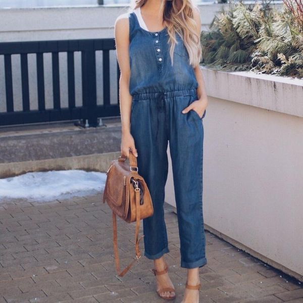 

women strap wide legs bodycon jumpsuit cowboy romper sleeveless denim trousers clubwear spring autumn casual button bow fashion1, Black;white