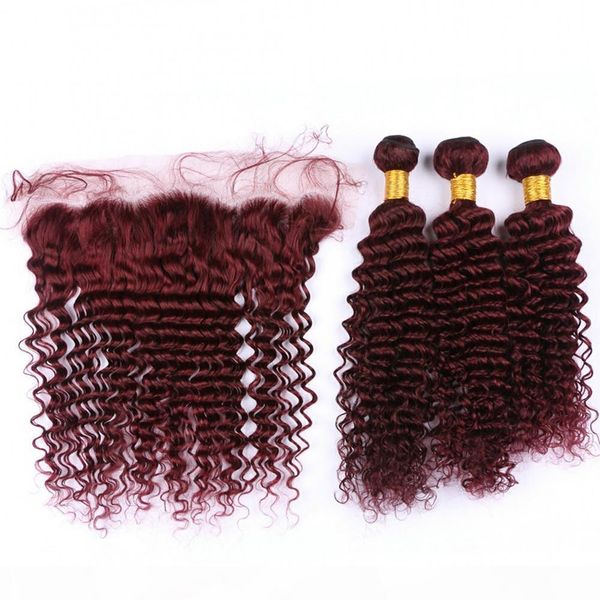 

deep wave #99j burgundy human hair 3bundles with lace frontal closure 13x4 wine red malaysian human hair weaves with full lace frontal, Black;brown