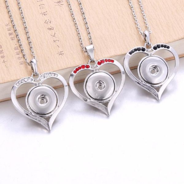 

new heart snaps jewelry metal rhinestone snap button necklaces 18mm 20mm snap pendant necklace for women girls diy jllier, Silver