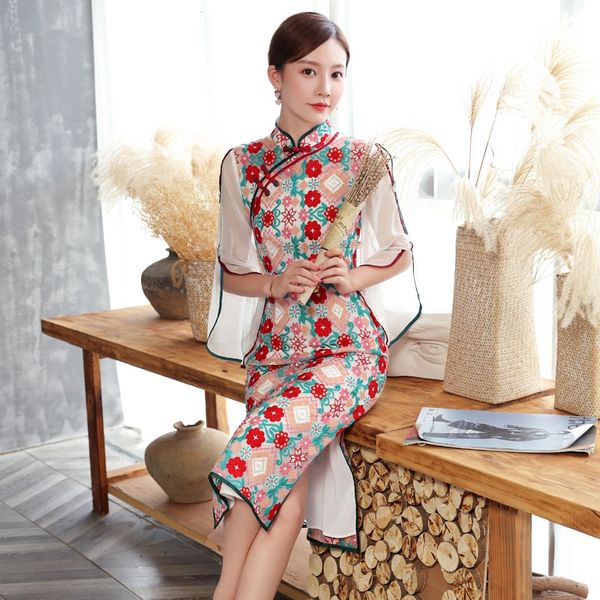

autumn 2020 new women's wear large sleeve butterfly mesh embroidery modified slim cheongsam medium length dress dressembroidered dress, Black;gray