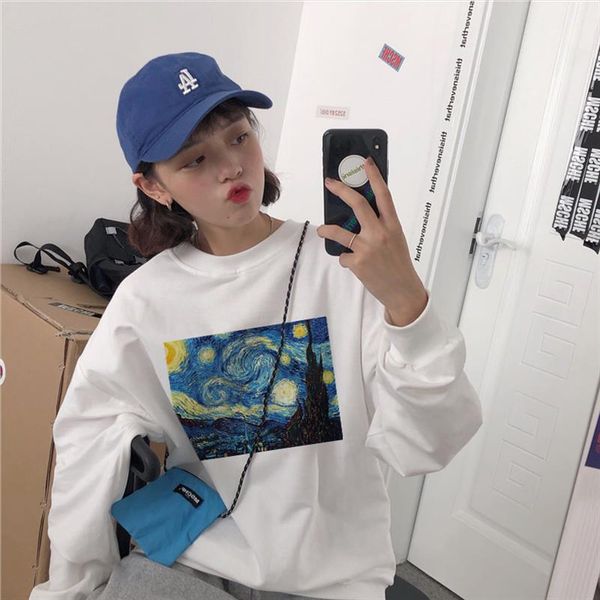 

funny women hoodie sweatshirt harajuku vogue casual female clothes van gogh oil print round neck plus long sleeve sweashirt, Black