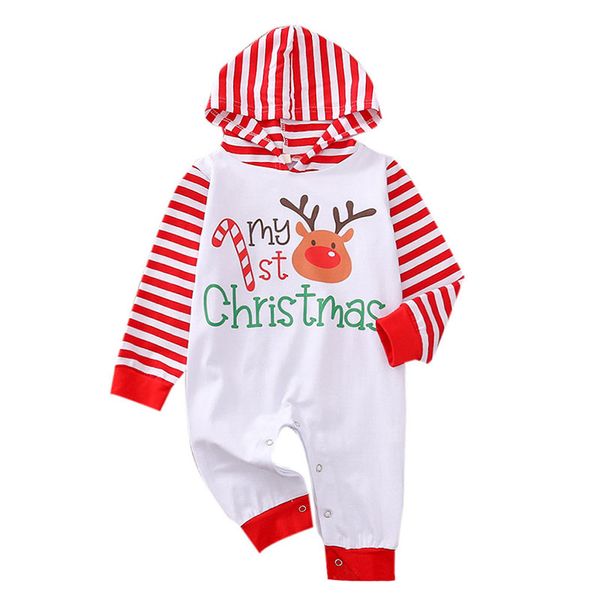 

my 1st christmas hoodies jumpsuit for baby girls boys one pieces long stripe snap button deer print romper bebe new year costume, Blue