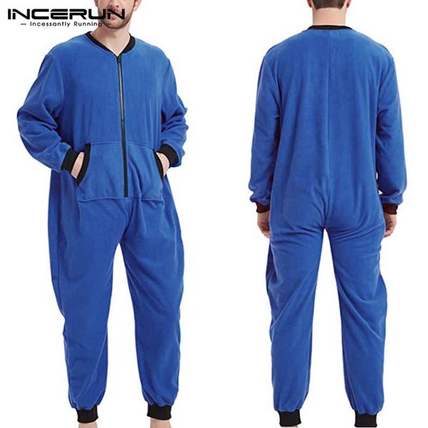 

leisure solid color jumpsuits incerun men long sleeve round neck rompers fashion zipper homewear mono pants pockets overalls 5xl, Black