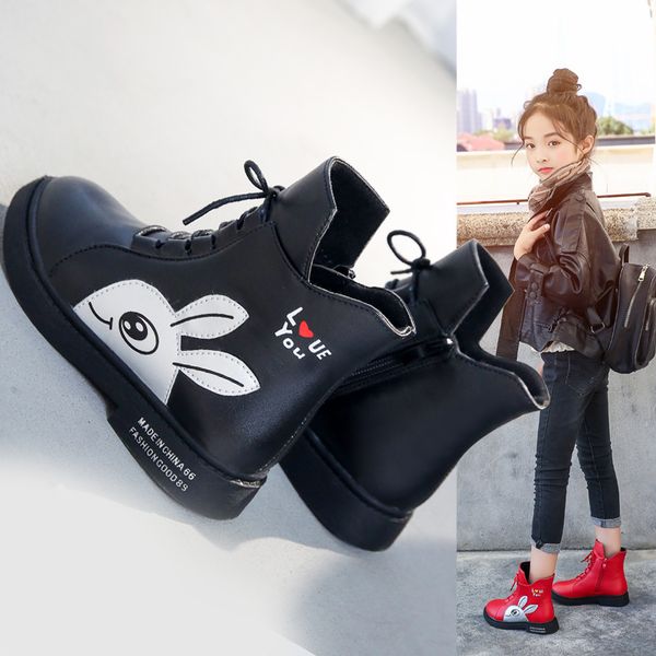 

winter 2020 new spring british fashion girls shoes kids cute cartoon leather warm plush boots litter big child boot, Black;grey