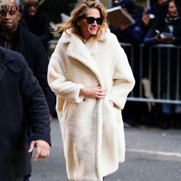 

women's trench coats womengaga teddy hair cotton coat autumn winter turn-down collar long lamb wool jacket windbreaker women fut8, Tan;black