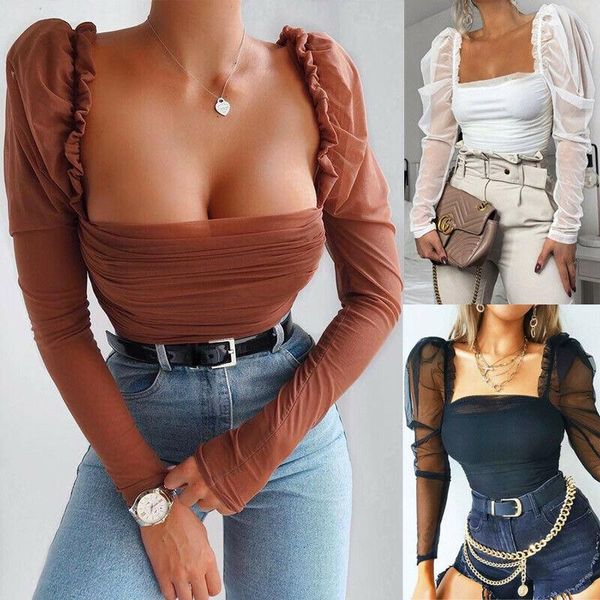 

women t shirt bodysuit mesh body patchwork puff sleeve ruched blouse, Black;white
