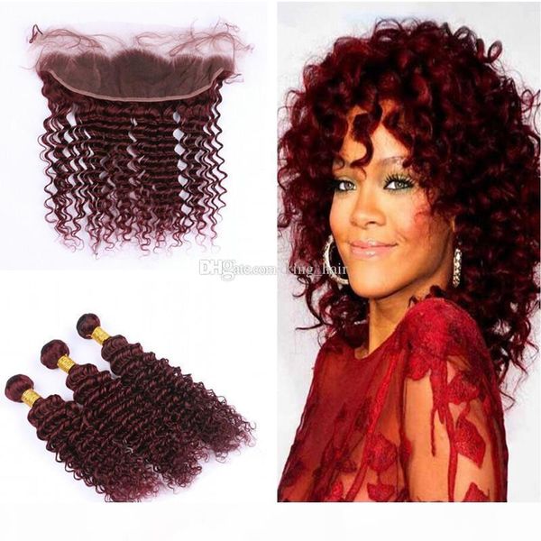 

brazilian virgin human hair 99j deep wave 3 bundles with 13x4 frontal burgundy deep curly ear to ear frontal with 99j hair extension, Black;brown