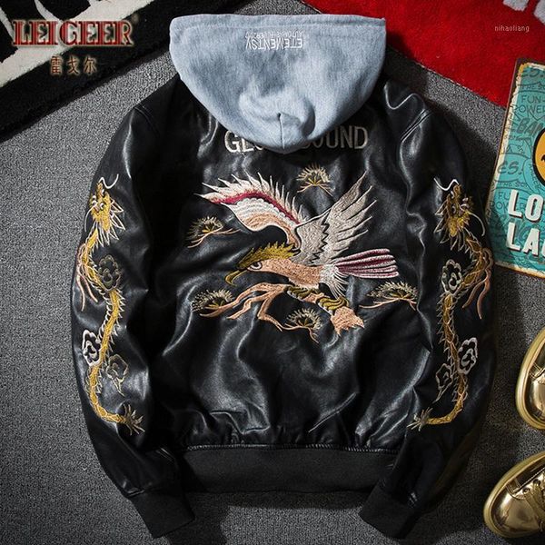 

streetwear cotton jacket men leather embroidery thick men bomber jacket hooded pu korean retro baseball clothing 50jk1, Black;brown
