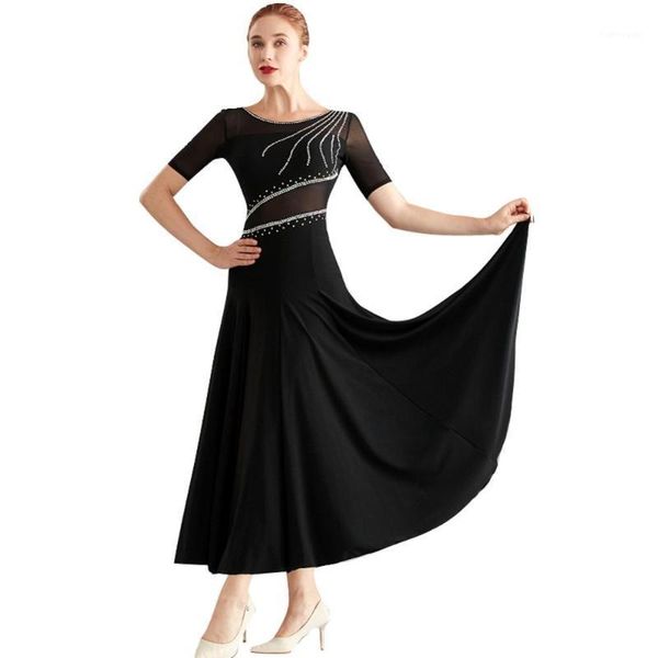 

2020 lady ballroom dance dresses short sleeve long wear slim competition waltz performance national standad outfits costume1, Black;red