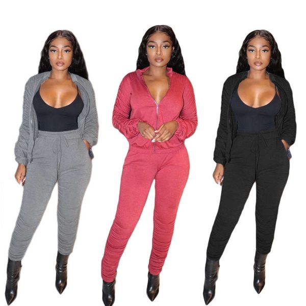 

a8296 2020 women's autumn and winter casual solid color cardigan coat pleated sports suit, Gray