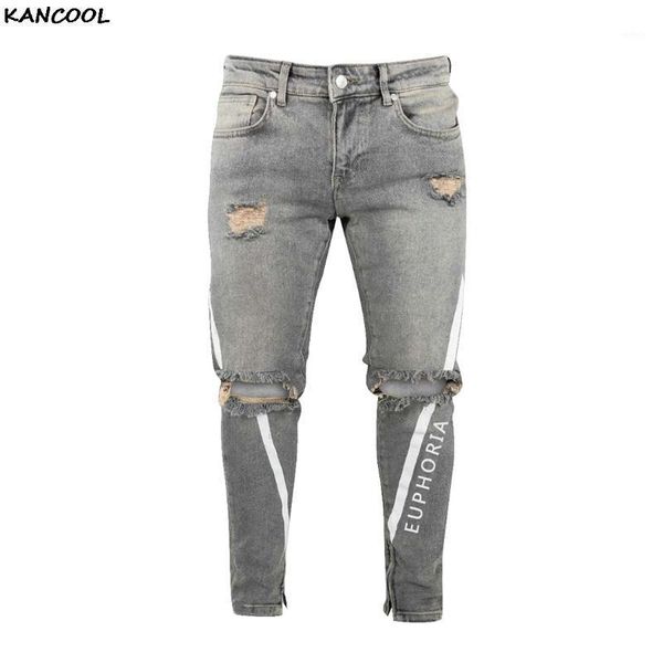 

kancool skinny ripped stretch slim elastic denim pants large size for male spring summer hip hop print streetwear men jeans1, Blue
