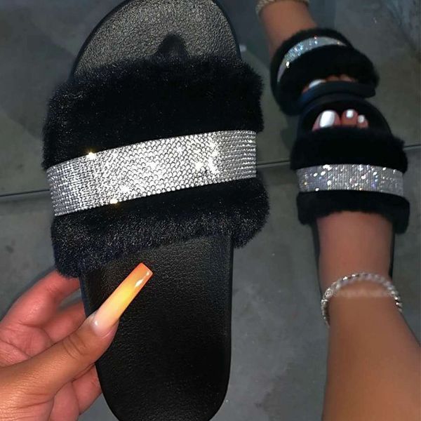 

2020 women slippers furry fluffy fur slides home flip flops indoor house lady fashion shoes woman female ladies slippers women x1020, Black