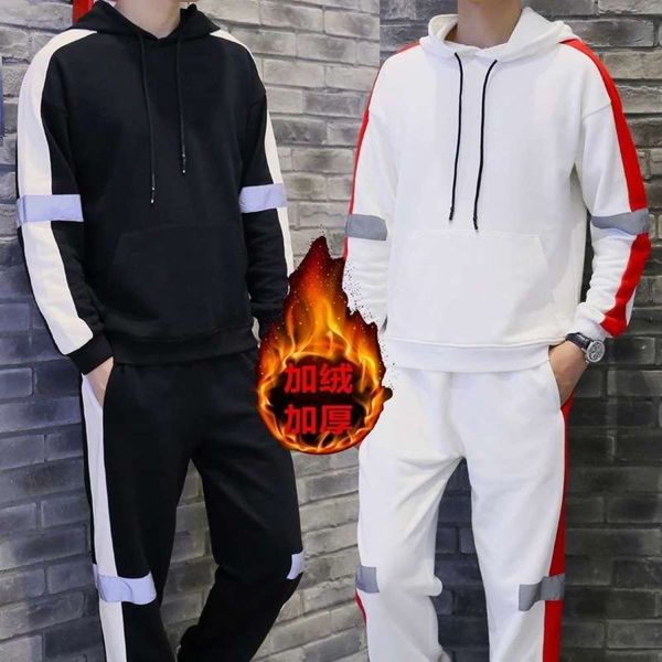 

autumn cashmere korean reflective winter sweater men's casual sportswear round neck couple's coat long sleeve two piece set, Gray