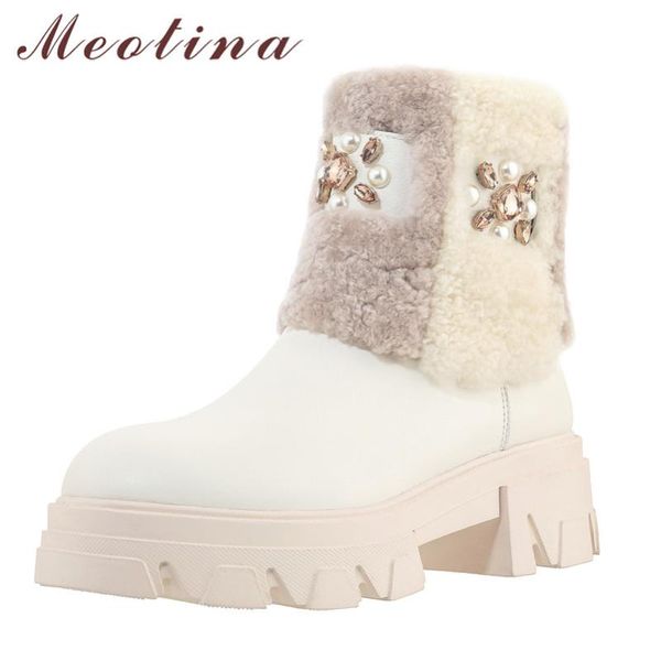 

meotina real leather natural wool platform high heel snow boots women ankle boots shoes crystal thick heels zipper short, Black