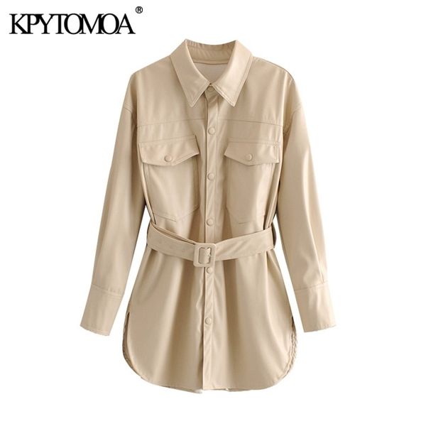 

kpytomoa women fashion pu faux leather with belt jacket coat vintage long sleeve side vents female outerwear chic 210201, Black