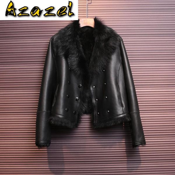 

women's fur & faux real coat winter genuine leather jacket clothes 2021 natural sheep shearling coats and jackets women blazer kj5199, Black
