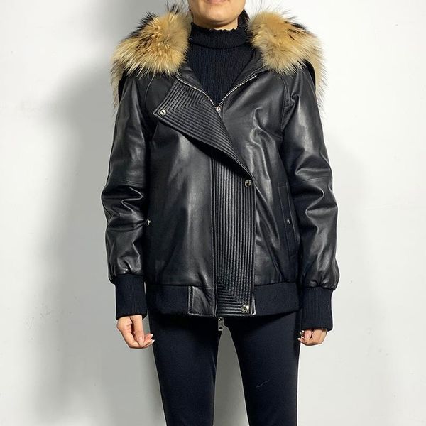

women's leather & faux gl20103 big raccoon fur collar genuine sheep jacket for women sheepskin coat zipper hood1, Black