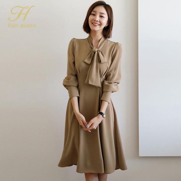

h han queen spring lace-up a-line dresses women long sleeve korean business casual dress fashion simple slim work office vestido1, Black;gray