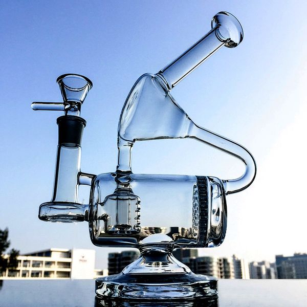 Pipes única Bongs Recycler Dab Rigs 14,5 milímetros Joint Limpar Água de vidro com bacia Oil Wax inline Perc de vidro Bong WP143