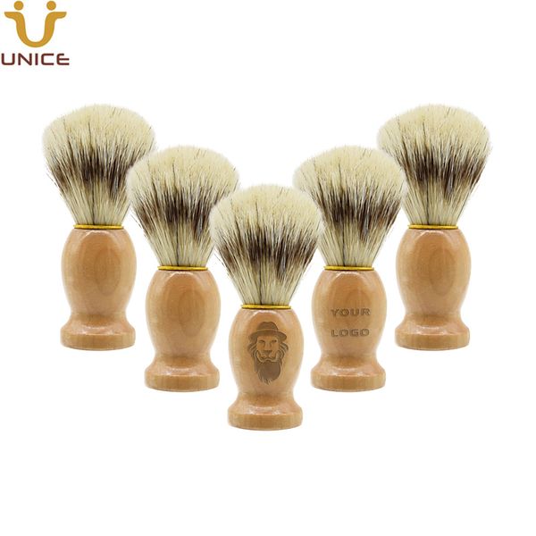 Pincel de barbear texugo moq 100 peças oem logotipo personalizado barba barbeiro escovas de barbear cabo de madeira cerdas de javali masculino barbear facial