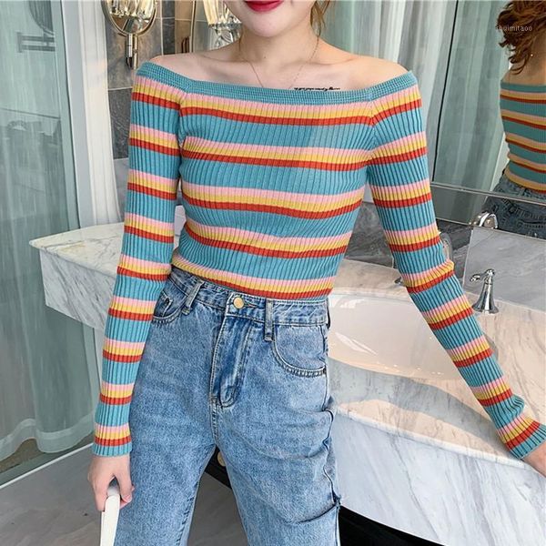 

sweaters women knitted rainbow slash neck autumn winter long sleeve 2019 jumpers sweater fashion striped slim female pullover1, White;black