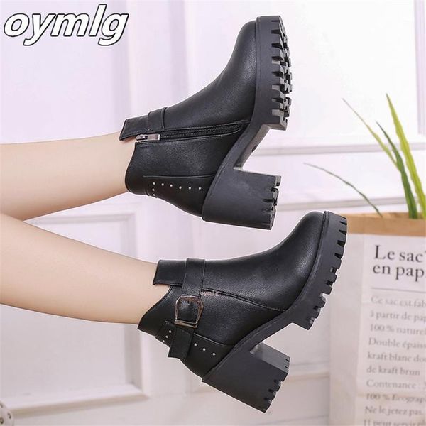 

boots 2021 winter casual fashion women ankle waterproof anti-slip wear-resistant high heels shoes botas patent muje1, Black