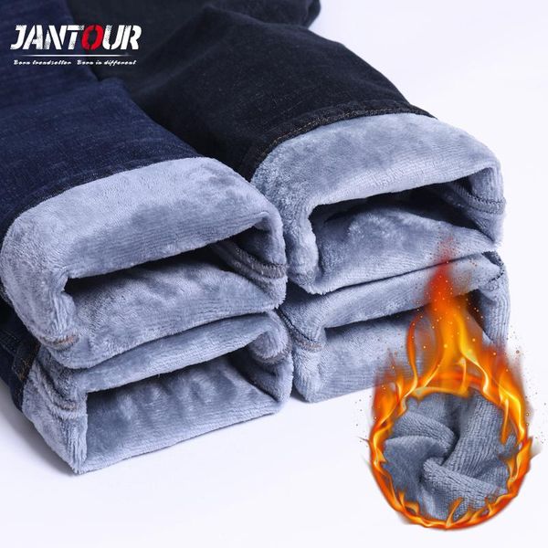 

jantour mens clothing 2020 new men's jeans fleece trousers business casual mens pants fashion elasticity straight jeans men, Blue