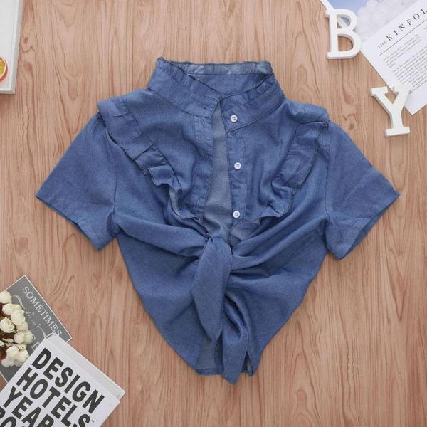 

2019 new women's turn down neck short sleeve ladies casual crop female shirts summer blue single-breasted blouse outer shawl1, White