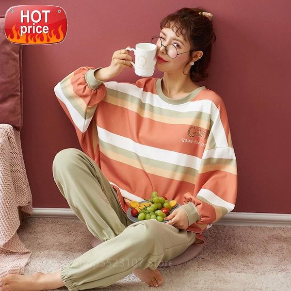 

women 2 piece pajamas set autumn winter cartoon print long sleeve cute sleepwear casual homewear female pyjamas night suit #rv1h, Black;white