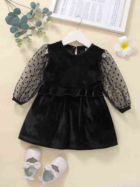 

baby floral mesh insert puff sleeve peplum waist velvet dress she, Red;yellow