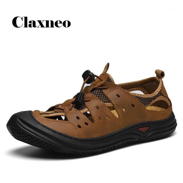 

man leather sandals 2020 summer mens shoe breathable casual walking footwear male sandal fashion claxneo soft1, Black