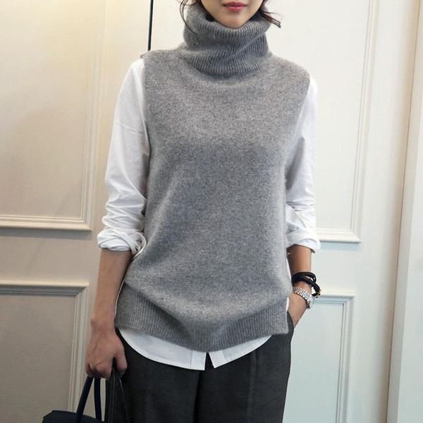 

new women's knitted high-neck vest loose comfortable cashmere sweater sleeveless sweater women's pullover, Black;white