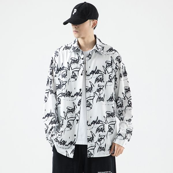 

2021 brand spring autumn long sleeves new flannel collar black korea style print shirt for men's clothes 1glt, White;black