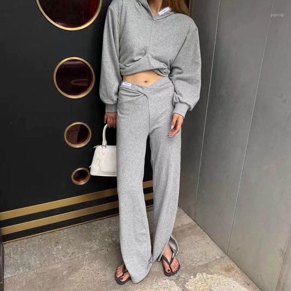

fashion 11.18 hooded end short hoodie or high waist drape wide leg straight split pants casual sport set women1, Gray