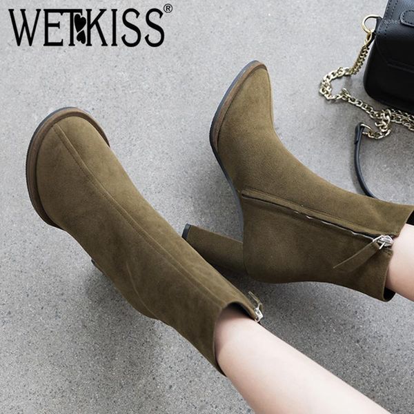 

boots wetkiss high heels thick women kid suede ankle booties zip shoes female square toe party ladies winter 2021 1, Black