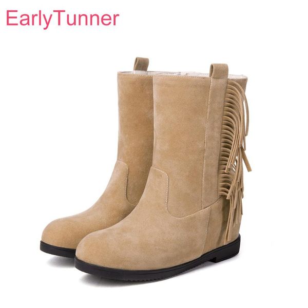 

продажа brand new winter tan brown женщины mid теленок кисточкой сапоги мода повышенные каблуки леди повседневная обувь eh159 plus big size, Black