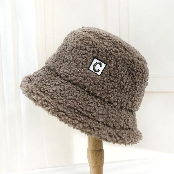 

hat winter women's imitation lamb hair fisherman hat small brim letter embroidery basin cap solid color warm plush, Blue;gray