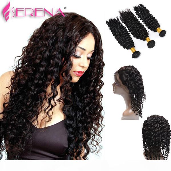 

7a malaysian curly hair 360 lace frontal closure weaves malaysian deep wave 360 frontal with bundles 360 frontal bundles, Black;brown
