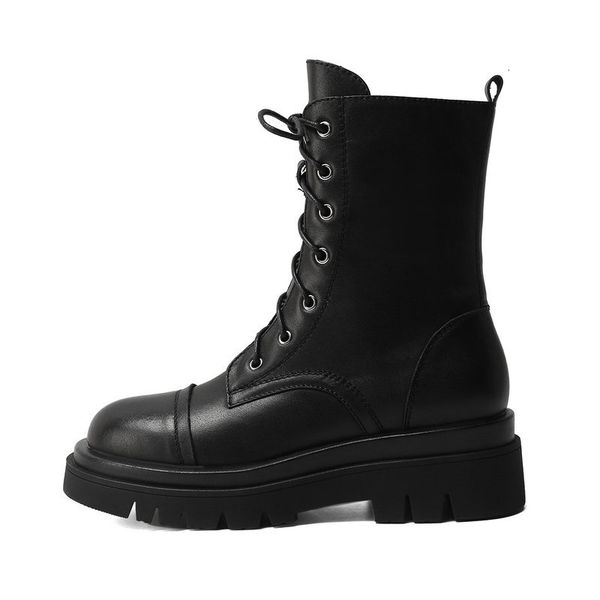 

2021 new fashion cross tied autumn winter boots genuine leather chunky heels for women party casual shoes woman x5th, Black