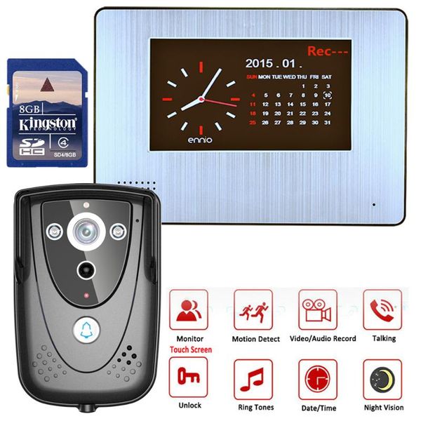 

7" dvr color touch screen video door phone with pir record intercom system with ir camera 8g sd card