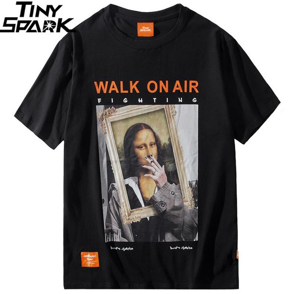 Erkekler Hip Hop T Gömlek Komik Sigara Mona Lisa T-Shirt Streetwear Yaz Tişörtleri Kısa Kollu Pamuk Tops Tees Sokak Giyim LJ200827