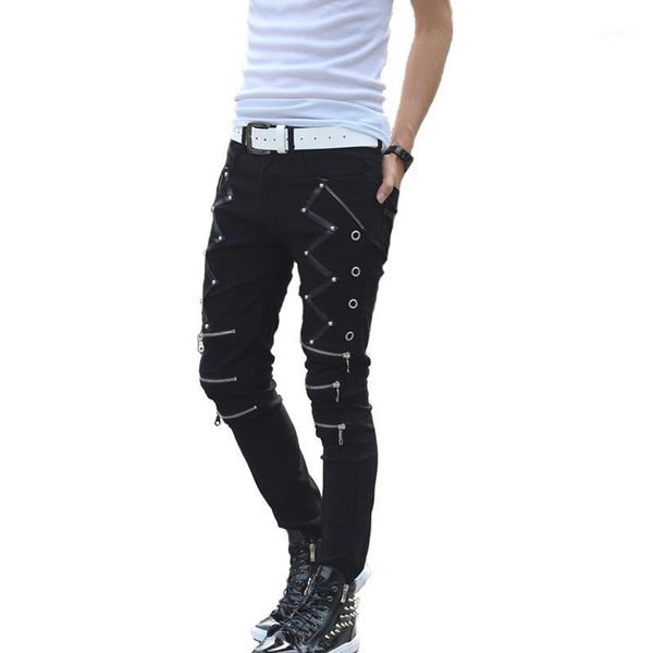 

kiovno fashion men punk rivet jeans pants slim fit cotton denim trousers for male streetwear1, Blue
