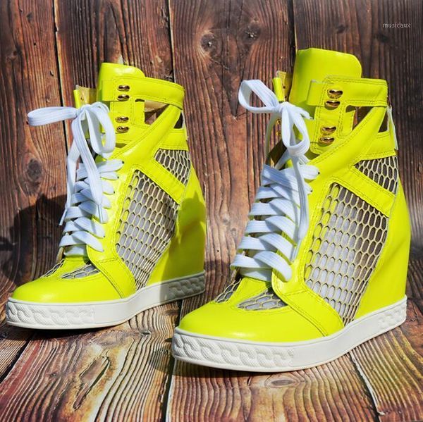 Lemon Net Sneakers scavate traspiranti Patchwork Stivaletti con rialzo in altezza Donna 8CM Scarpe con lacci con zeppa per il tempo libero1