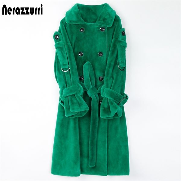 Nerazzurri Lungo caldo e soffice trench in pelliccia sintetica per donna Doppio petto rosa bianco verde plus size cintura moda invernale 201210