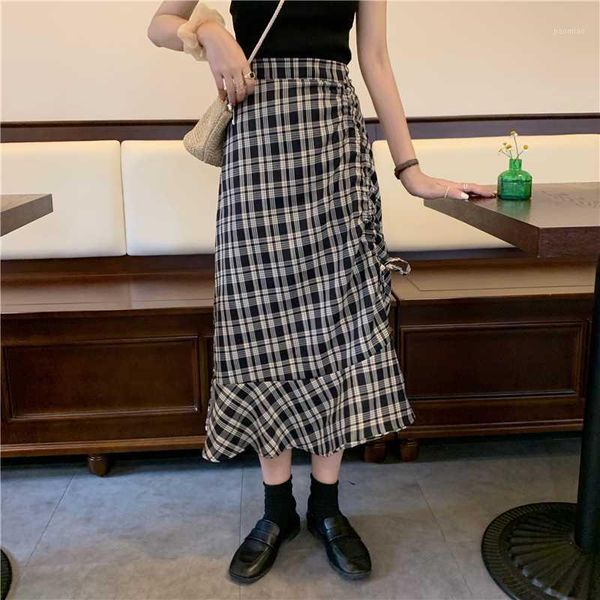 

srping summer womens plaid skirt a-line korean drawstring mid-calf high waist half skirt emale sweet harajuku casual1, Black
