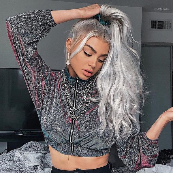 

2020 spring autumn short shiny jackets zipper long sleeve glither purple blue shirts women streetwear fashion l03251, Black;brown